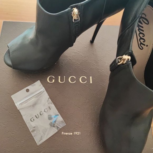 Gucci Black Leather Peep Toe Heeled Platform Booties - Picture 3 of 8